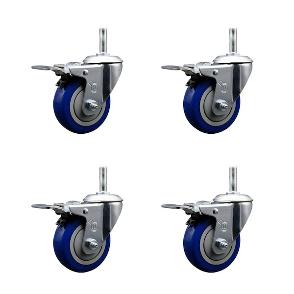 Service Caster 35 Inch Blue Polyurethane Swivel 34 Inch Threaded Stem Caster Set with Total Lock Brake SCC-TSTTL20S3514-PPUB-BLUE-34212-4 - main